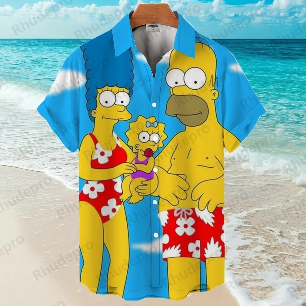 Disney The Simpsons family Anime Summer New Streetwear Men Lapel Short Sleeve Hawaiian shirt Harajuku Style Fashion Casual Slim