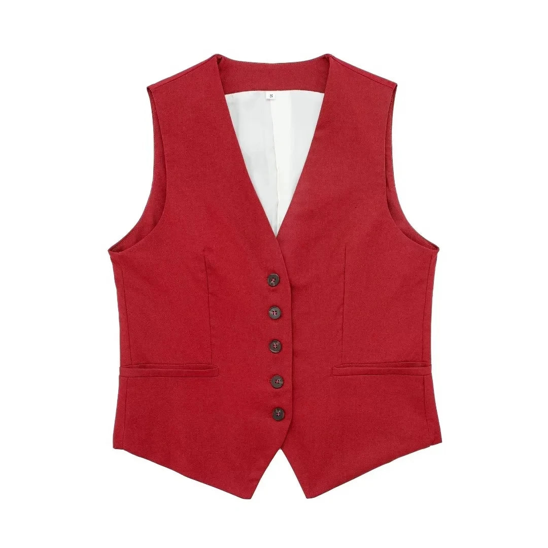 TRAFZA Women Elegant Solid Waistcoat Pant Sets Single Breasted V Neck Vest Top + High Waist Slim Shorts Lady Office Wear Suits