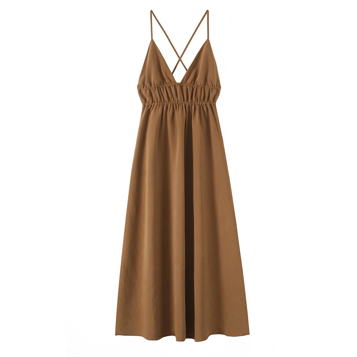 PB&ZA2025 New Women's Casual Fashion Temperament Pleated Drape Backless Midi Sling V-neck Dress Long Skirt