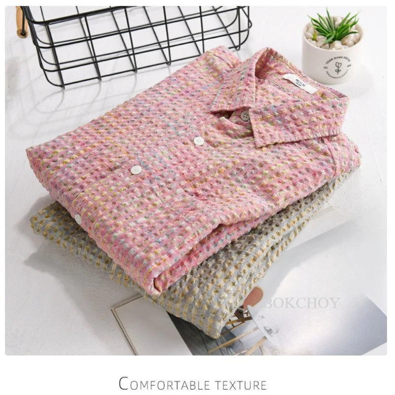 2025 Summer New Casual Checkered Bubble Yarn Short Sleeve Shirt for Men Slim Casual Turn-down Collar Classic Shirt FY740