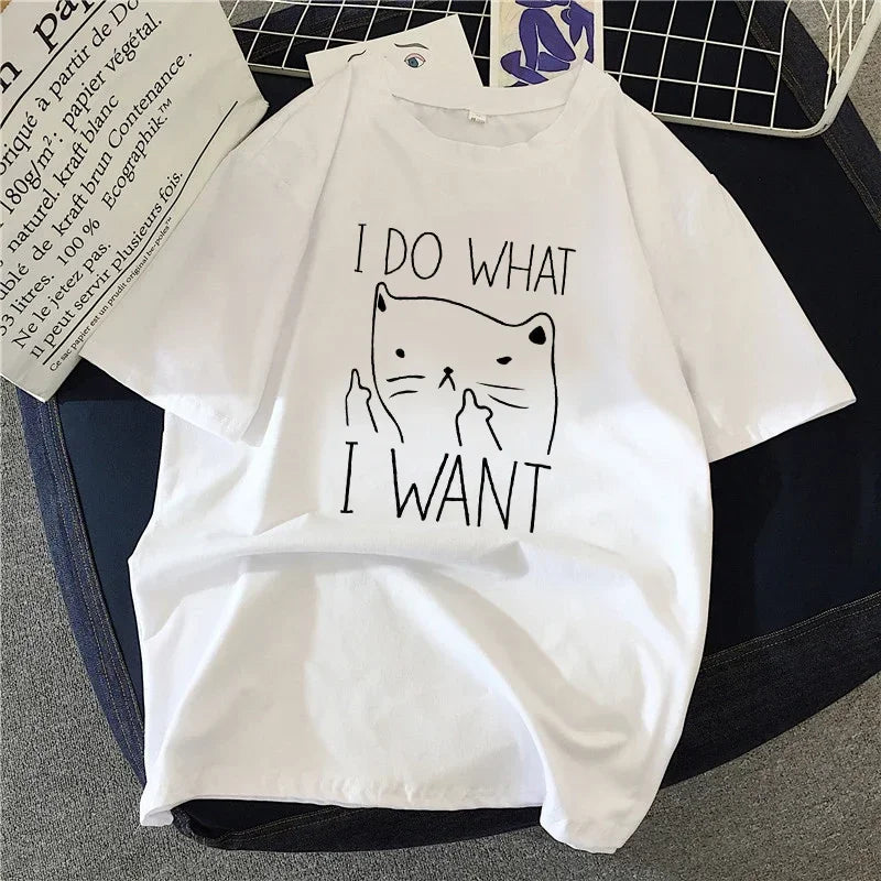 90s Graphic Rock Top Tees Female Simple Brush Drawing Cat T Shirt Harajuku Vintage T-shirt Fashion Queen Women's T Shirt