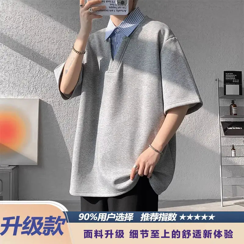 New Fake Two-piece Shirt Collar Short-sleeved T-shirt Men's Summer American Loose Versatile Pullover