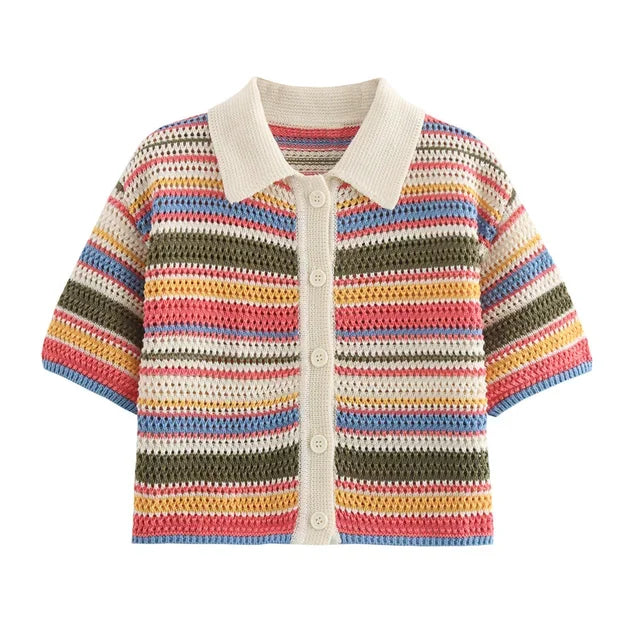 2025 Autumn European And American New Women's Fashion Casual Stripe Printed Short Sleeve Flip Collar Cardigan Casual Shorts Set