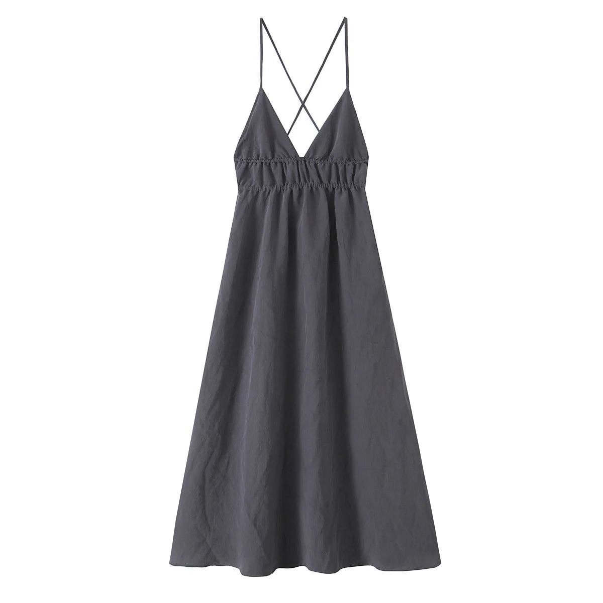 PB&ZA2025 New Women's Casual Fashion Temperament Pleated Drape Backless Midi Sling V-neck Dress Long Skirt
