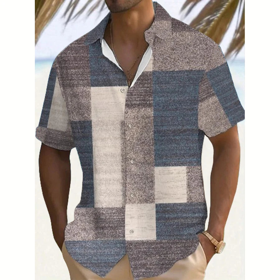 Retro Men's Shirt Fashion Lattice Print Hawaii Shirt Summer Casual Short Sleeve Cardigan Top Street Vintage Overszied Clothing