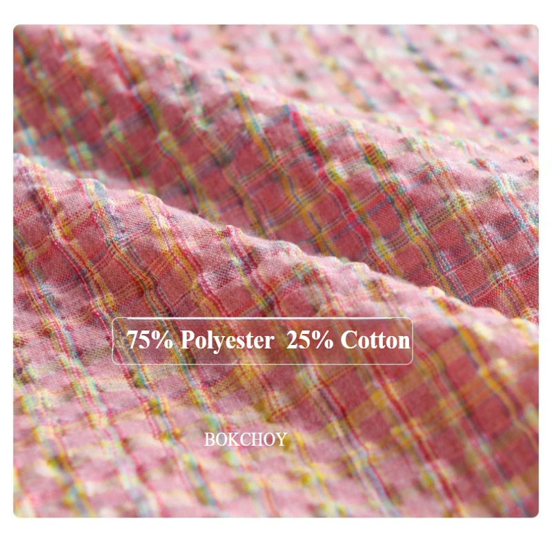 2025 Summer New Casual Checkered Bubble Yarn Short Sleeve Shirt for Men Slim Casual Turn-down Collar Classic Shirt FY740