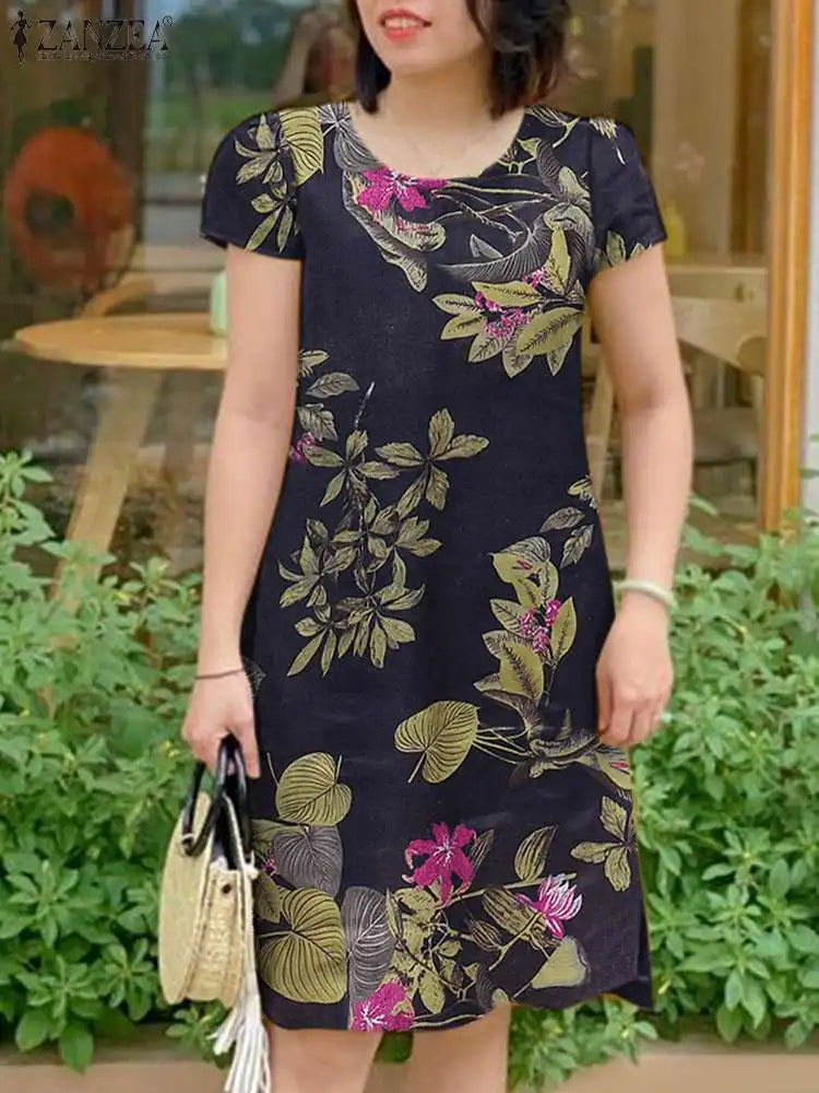 Summer Sundress Women Vintage Short Sleeve Floral Dress Robe 2024 ZANZEA Elegant Holiday Dress Casual O-Neck Beach Vestidos