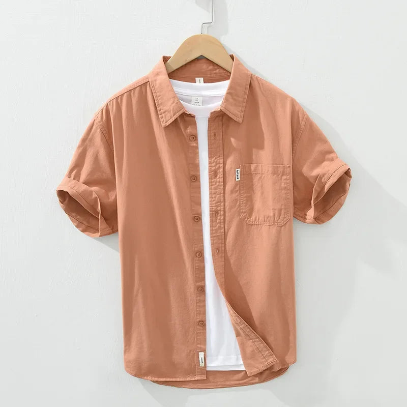 100% Cotton Solid Color Men's Summer Lightweight Short Sleeve Shirt, Business Casual Daily Shirt 2024 Loose Casual Jacket