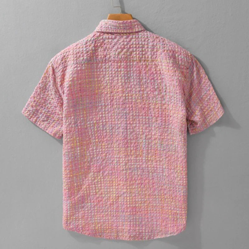 2025 Summer New Casual Checkered Bubble Yarn Short Sleeve Shirt for Men Slim Casual Turn-down Collar Classic Shirt FY740