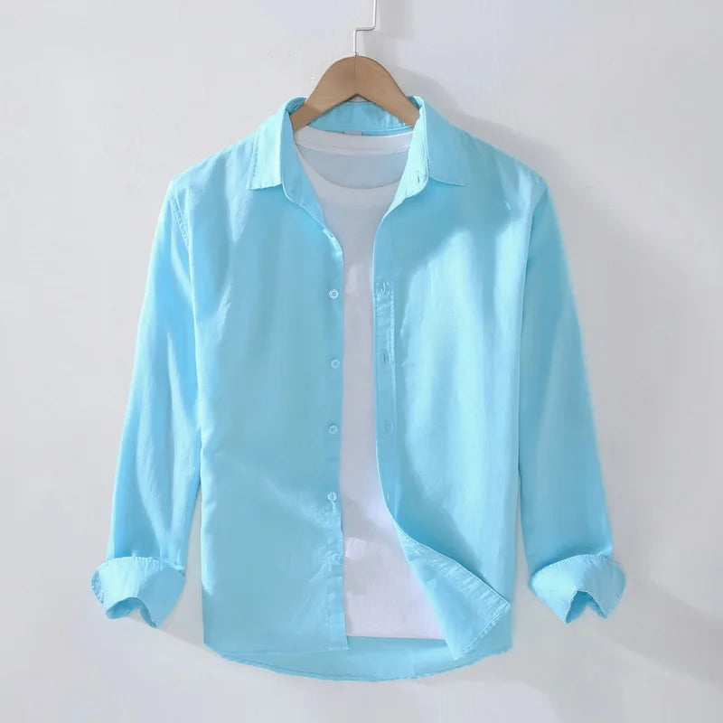 Camping Spring Summer New Linen White Long-Sleeved Shirt, Men's Cotton&Linen Shirt, Business Casual, Comfortable Loose Blouson