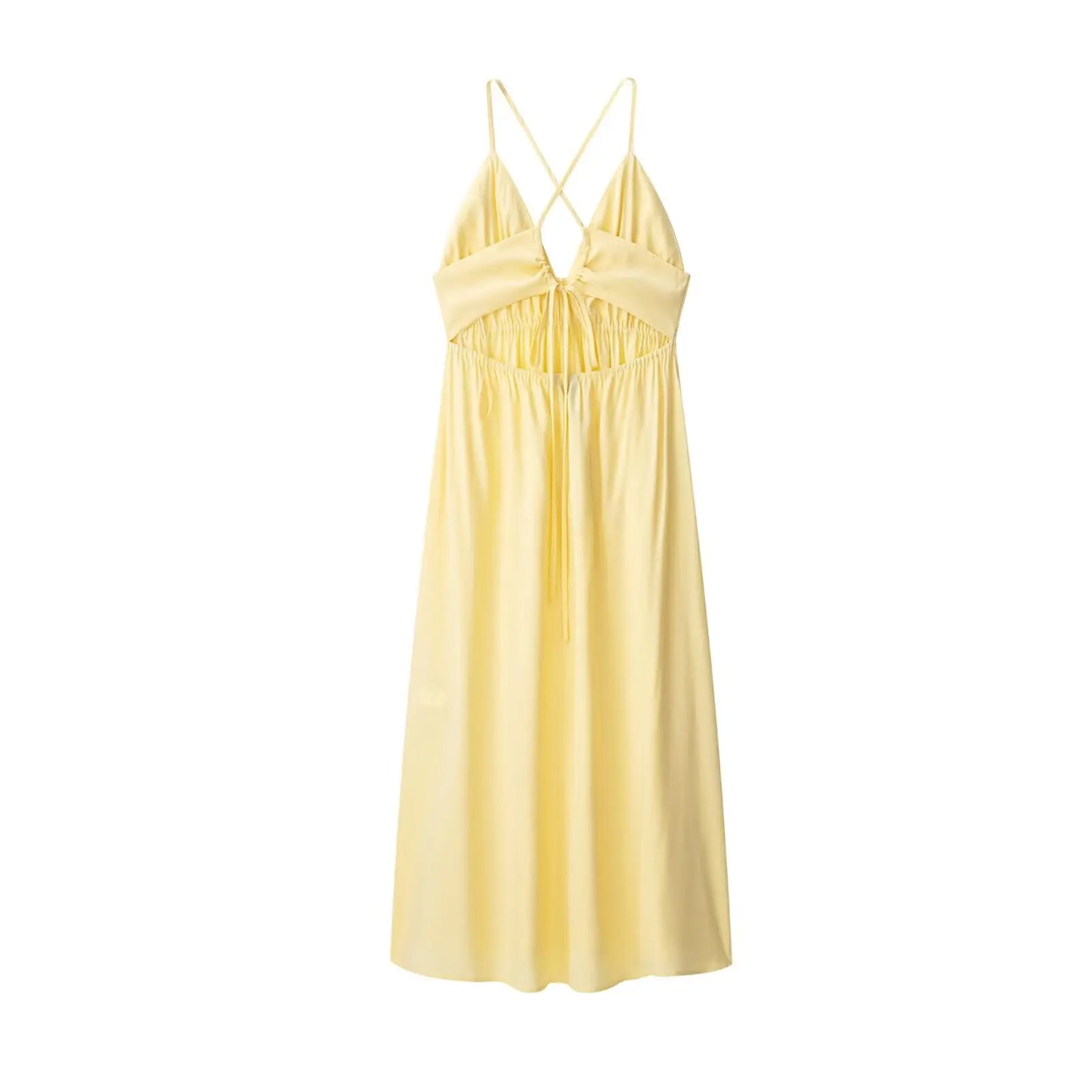 PB&ZA2025 New Women's Casual Fashion Temperament Pleated Drape Backless Midi Sling V-neck Dress Long Skirt