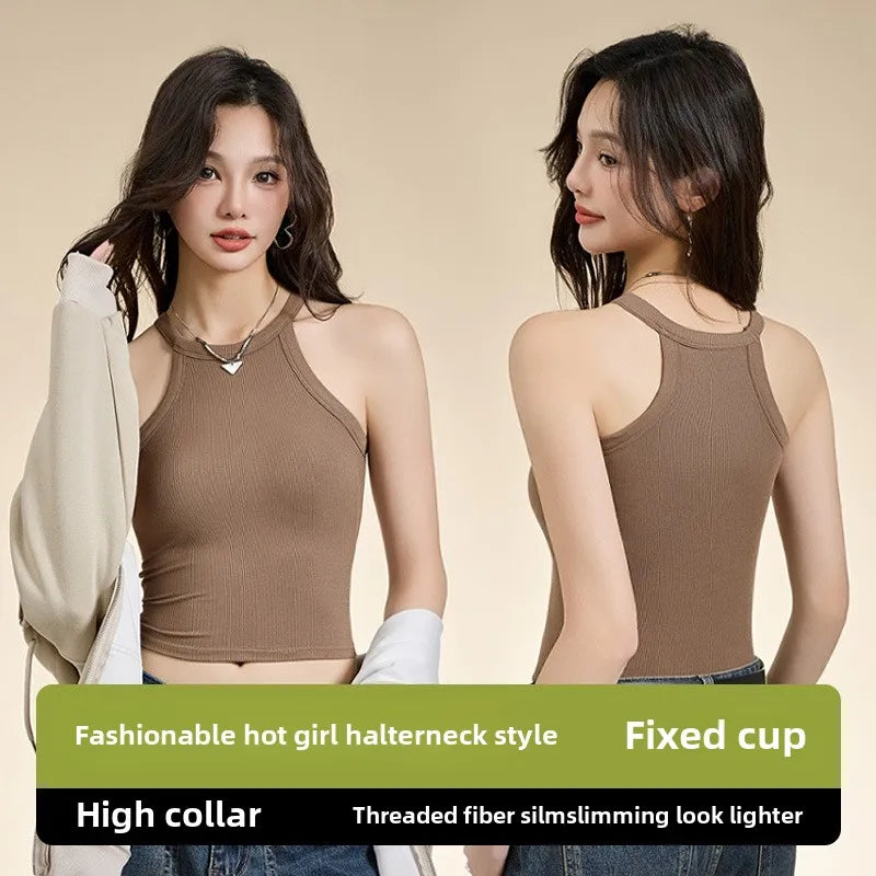 Threaded Halter Neck Camisole Top With Build-in Bra High Elastic Slim-fitting Sling Fixed Cup Breathable Women Underwear