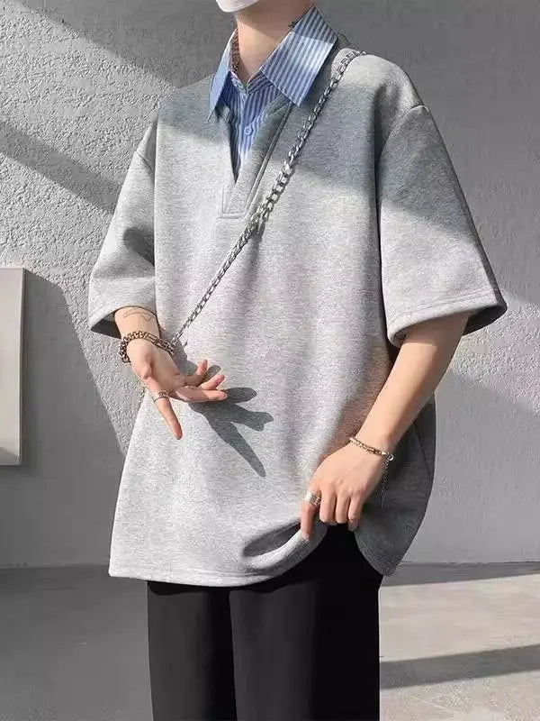 New Fake Two-piece Shirt Collar Short-sleeved T-shirt Men's Summer American Loose Versatile Pullover
