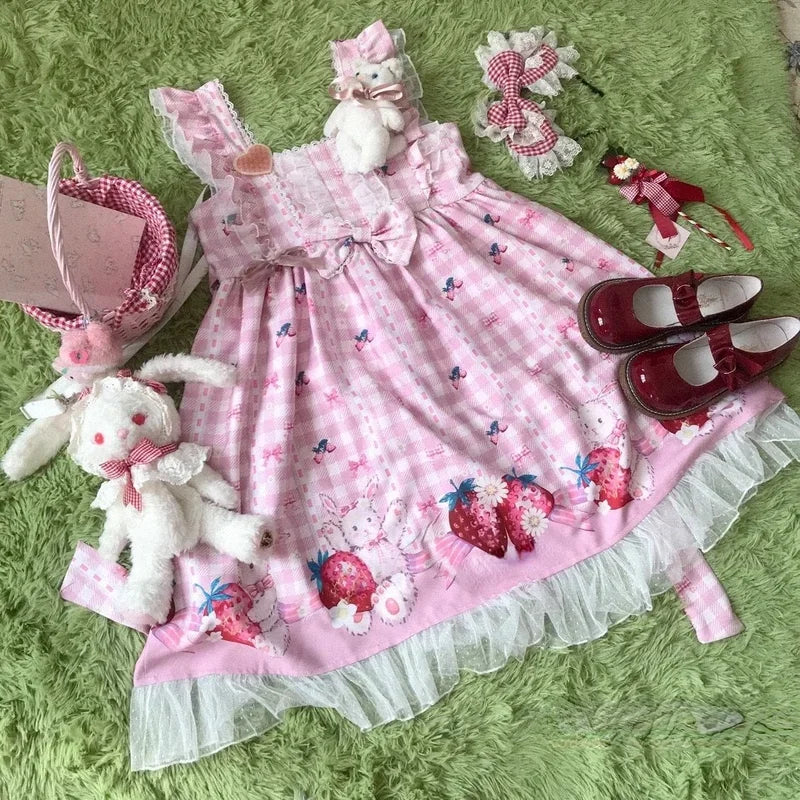 KOSAHIKI Japanese Lolita Dress Girls Strawberry Bunny Jsk Dresses Women Harajuku Sleeveless Cute 2025 Cosplay Vestido