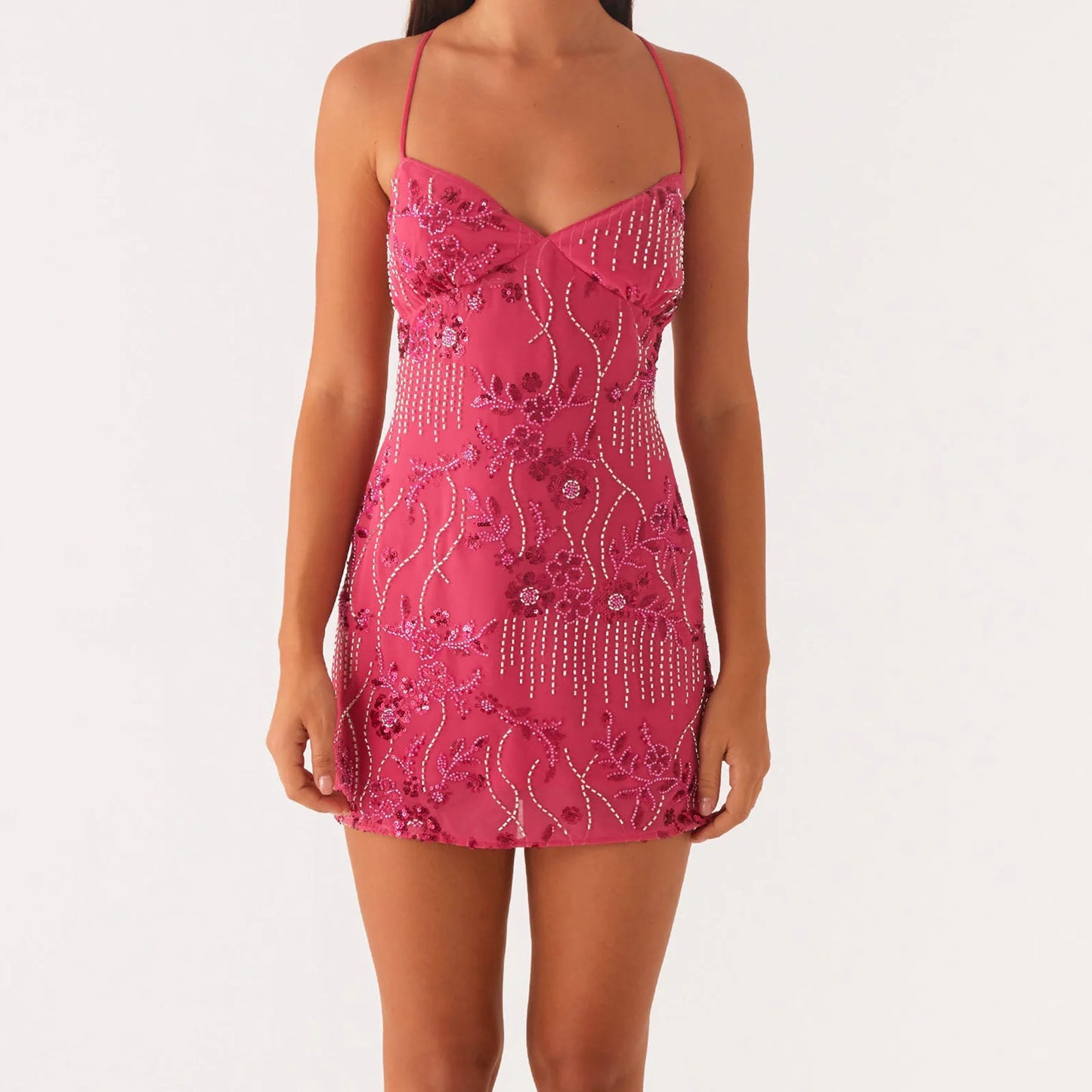 hirigin Sequin Beaded Cami Mini Dress Sexy Front V Neckline Sleeveless Short Dresses for Women Backless Criss Cross Straps Dress