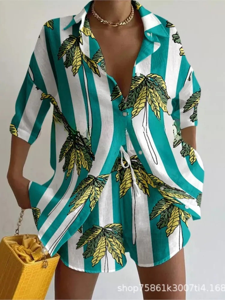 Short-sleeved Lapel Boho Shirt Top + Shorts 2-piece Set Women Fashion Spring Summer Floral Print Seaside Vacation Suit Female