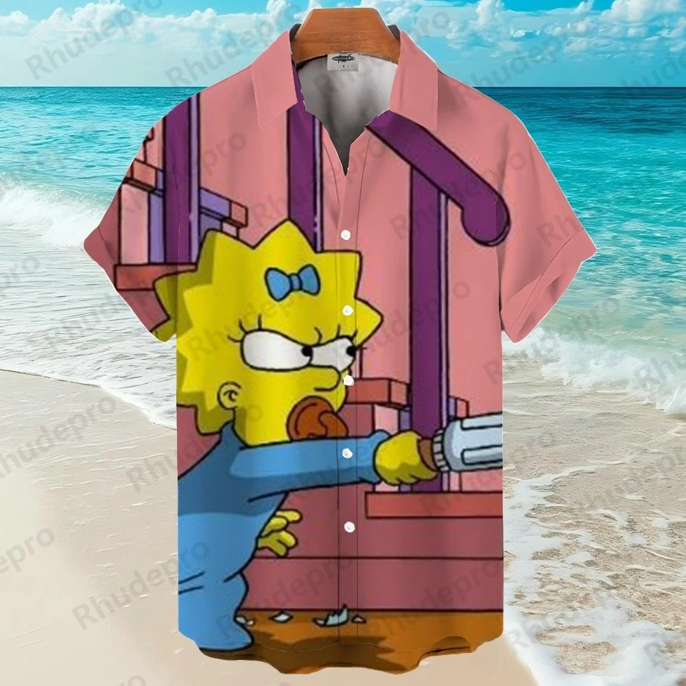 Disney The Simpsons family Anime Summer New Streetwear Men Lapel Short Sleeve Hawaiian shirt Harajuku Style Fashion Casual Slim