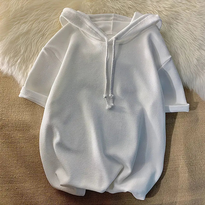New Hooded Short-sleeved Sweatshirt for Men Summer Fashion T-shirt Mid-sleeved Trendy Teen Pullover