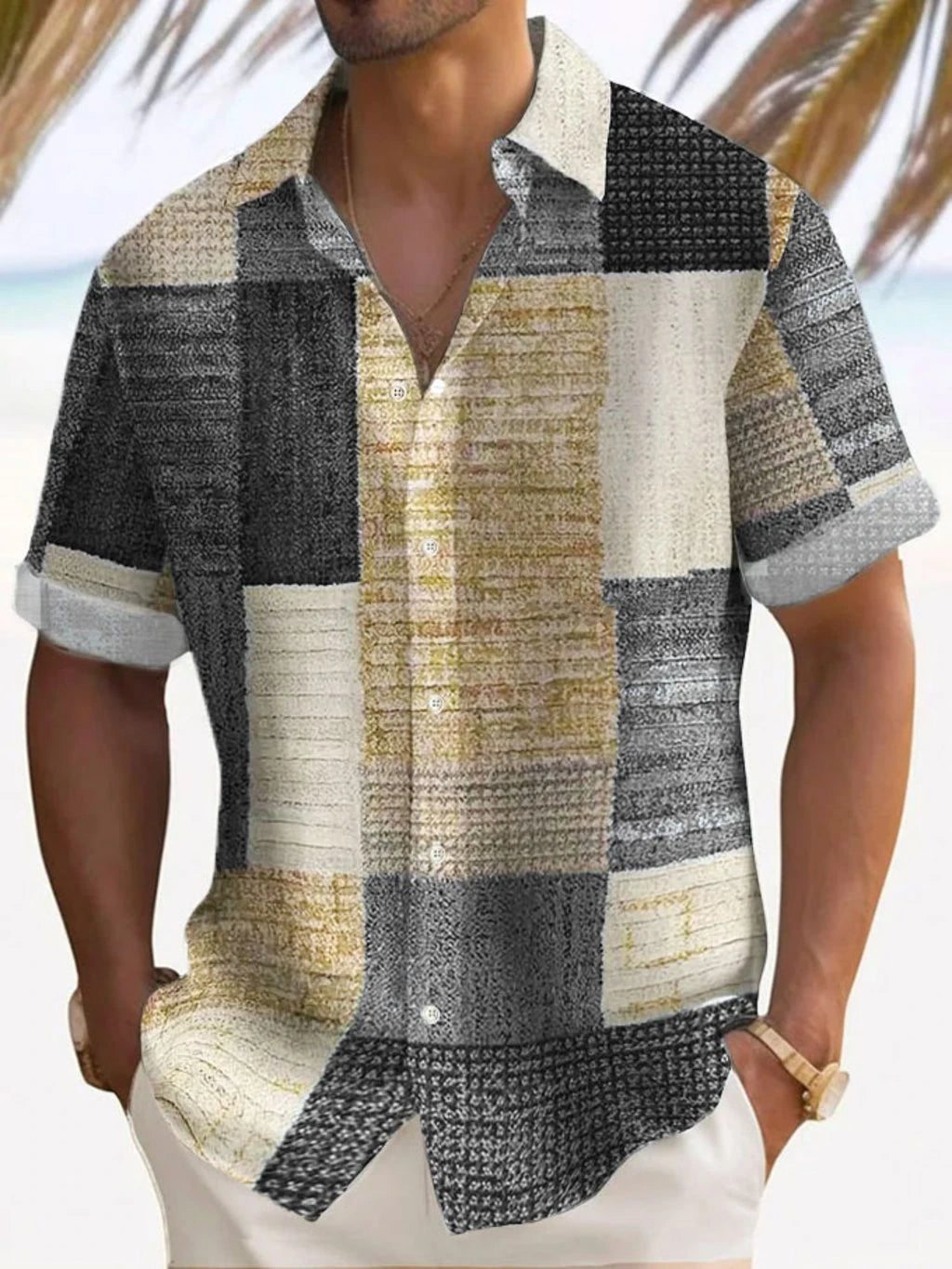 Retro Men's Shirt Fashion Lattice Print Hawaii Shirt Summer Casual Short Sleeve Cardigan Top Street Vintage Overszied Clothing