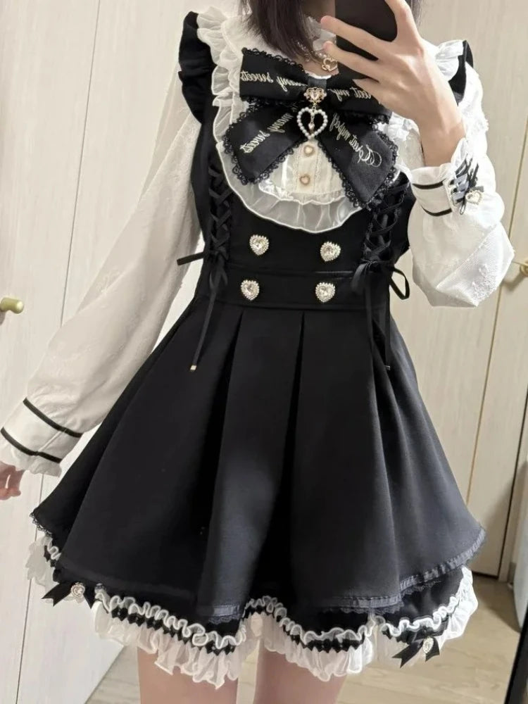 Japanese Gothic Lolita Dress Set Women Harajuku Y2k Bow Lace Ruffles Collar Mini Dresses Female Elegant Party Cute Dress