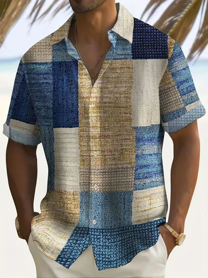 Retro Men's Shirt Fashion Lattice Print Hawaii Shirt Summer Casual Short Sleeve Cardigan Top Street Vintage Overszied Clothing