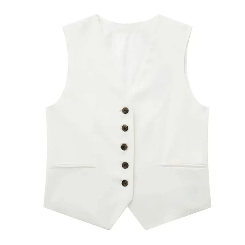 TRAFZA Women Elegant Solid Waistcoat Pant Sets Single Breasted V Neck Vest Top + High Waist Slim Shorts Lady Office Wear Suits