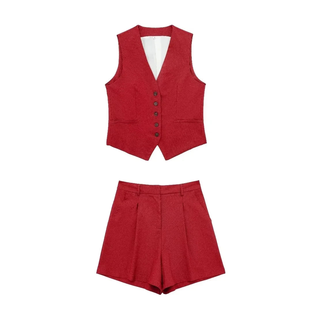 TRAFZA Women Elegant Solid Waistcoat Pant Sets Single Breasted V Neck Vest Top + High Waist Slim Shorts Lady Office Wear Suits