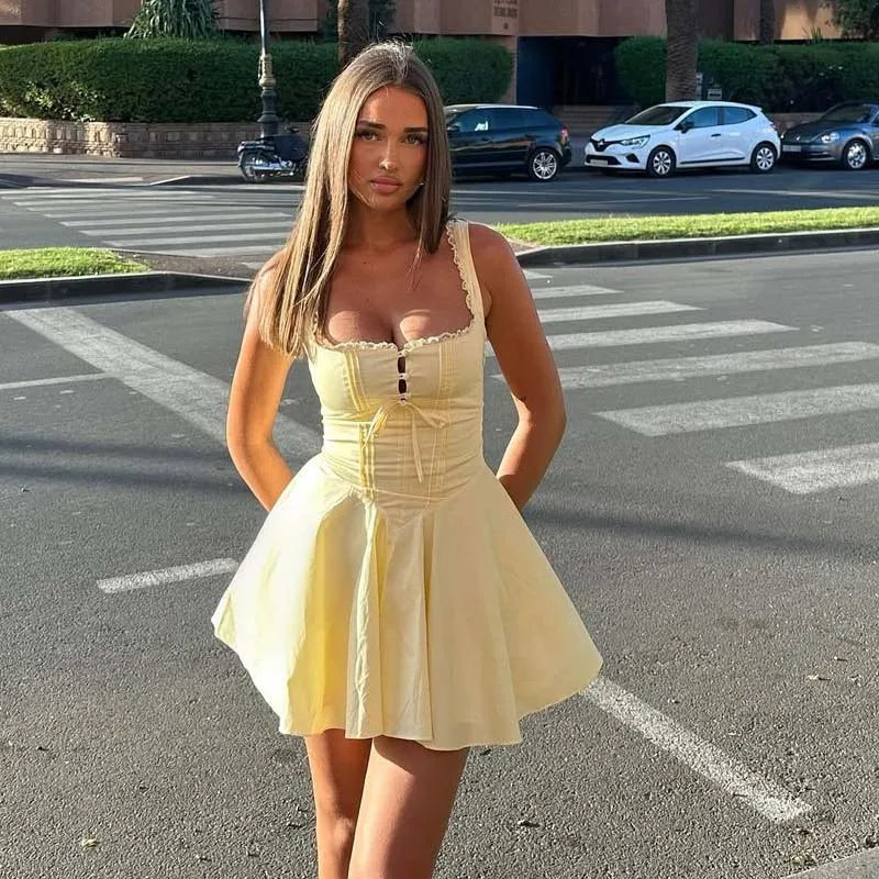 YENKYE New 2025 Women Blue Elegant Party Mini Dresses Sexy Sleeveless Low Waist A-line Summer Dress Lace Up Back Robe