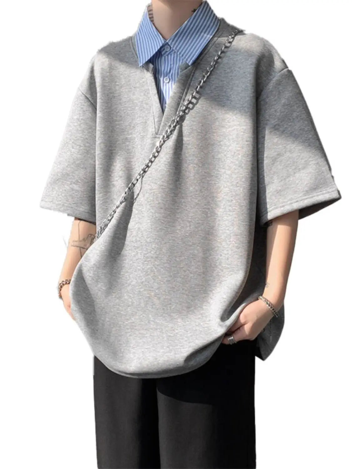 New Fake Two-piece Shirt Collar Short-sleeved T-shirt Men's Summer American Loose Versatile Pullover