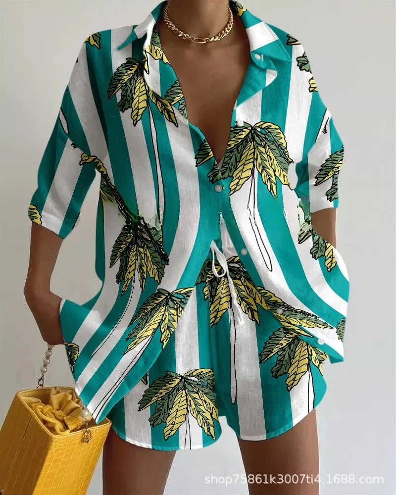 Short-sleeved Lapel Boho Shirt Top + Shorts 2-piece Set Women Fashion Spring Summer Floral Print Seaside Vacation Suit Female