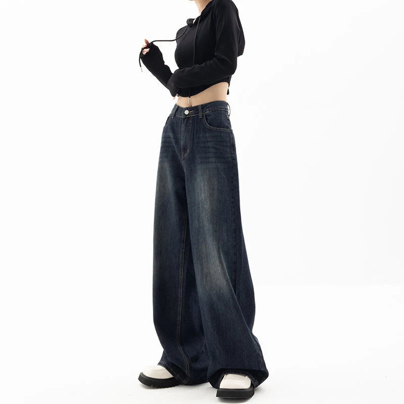 Retro Street Style Wide Leg Pants Niche Design Floor Length Pants High Waisted Loose Fit Slimming Jeans For Women