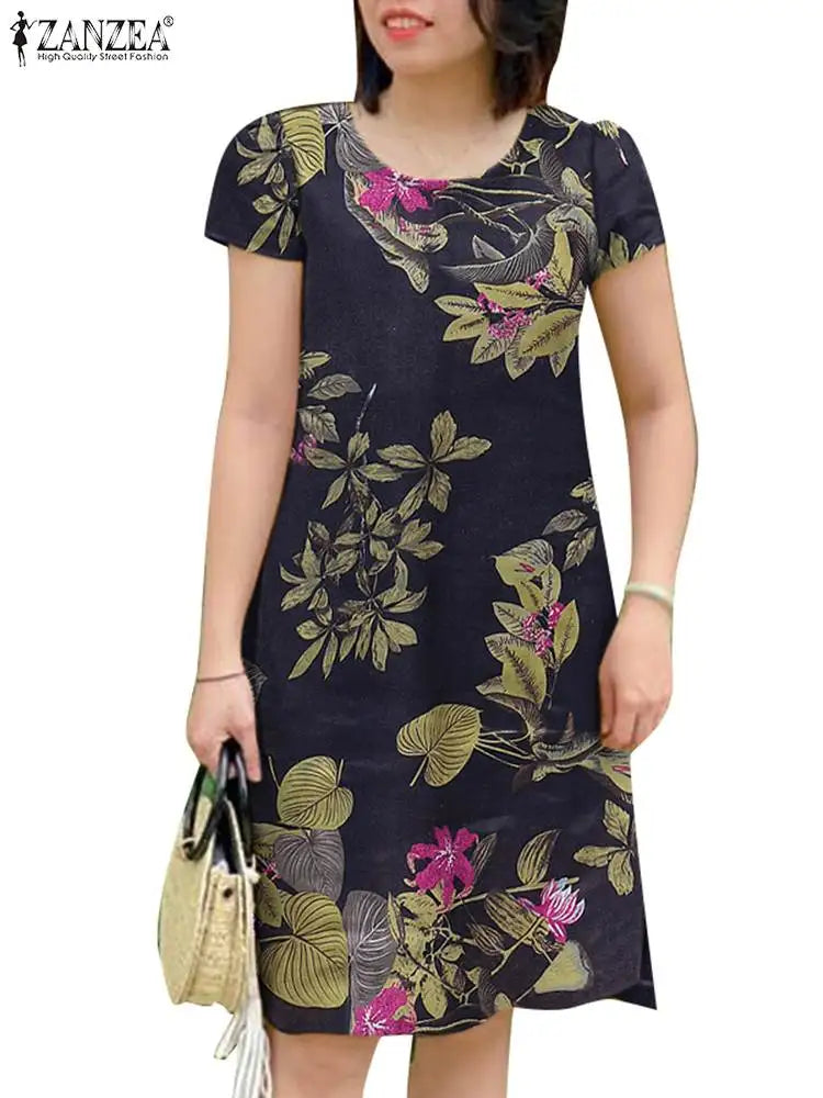 Summer Sundress Women Vintage Short Sleeve Floral Dress Robe 2024 ZANZEA Elegant Holiday Dress Casual O-Neck Beach Vestidos