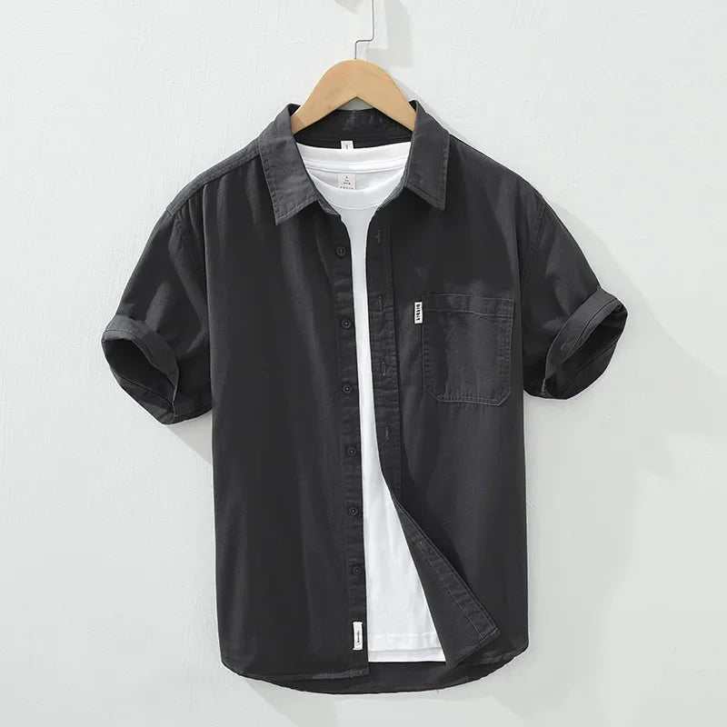100% Cotton Solid Color Men's Summer Lightweight Short Sleeve Shirt, Business Casual Daily Shirt 2024 Loose Casual Jacket