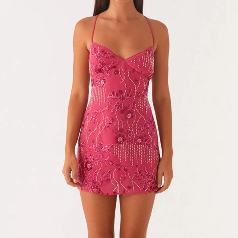 hirigin Sequin Beaded Cami Mini Dress Sexy Front V Neckline Sleeveless Short Dresses for Women Backless Criss Cross Straps Dress