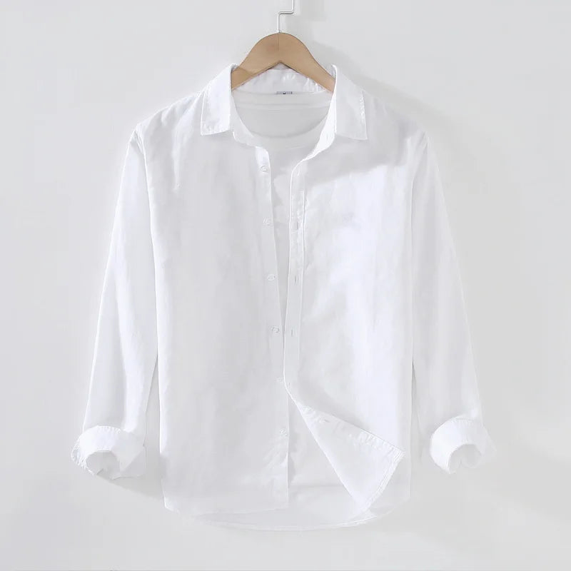 Camping Spring Summer New Linen White Long-Sleeved Shirt, Men's Cotton&Linen Shirt, Business Casual, Comfortable Loose Blouson