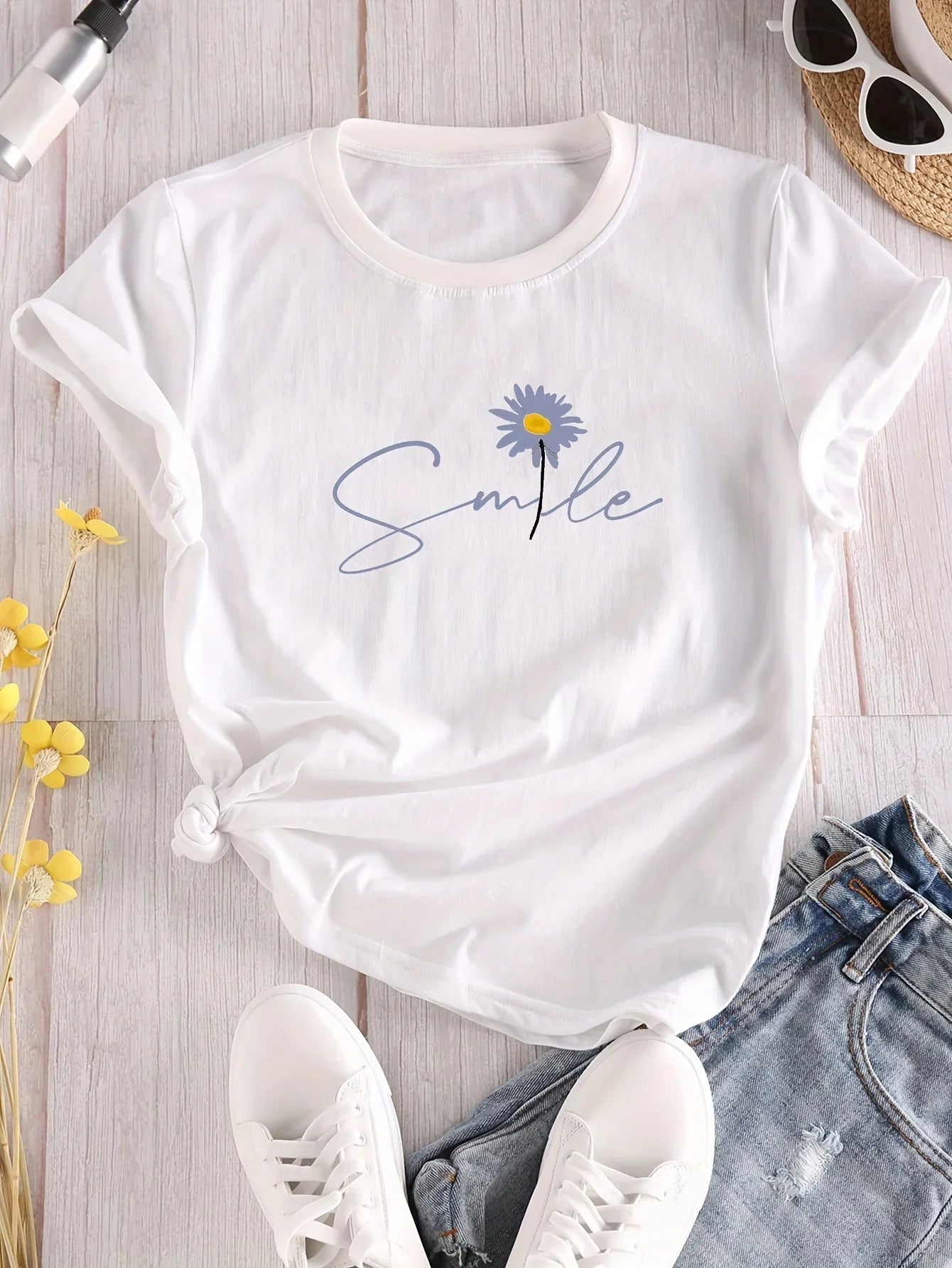 Flower & Letter Print Crew Neck T-Shirt Casual Short Sleeve T-Shirt for Summer Women's Clothing Comfortable Soft Creative Tops