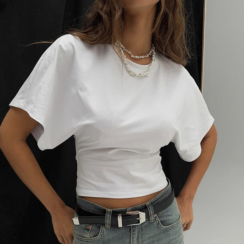 CUTENOVA Women'S Summer Loose Short-Sleeved T-Shirt Tops Waist Slimming Sweet And Hottie Design Sense Positive Shoulder Top