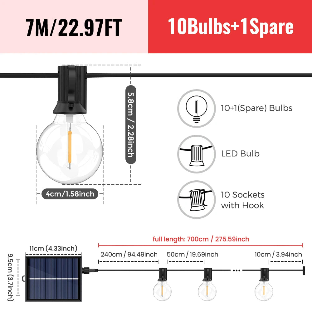 Solar String Lights Outdoor G40 Patio Lights with LED Shatterproof Bulbs,Weatherproof Hanging Lights for Backyard Bistro