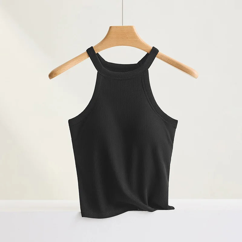 Threaded Halter Neck Camisole Top With Build-in Bra High Elastic Slim-fitting Sling Fixed Cup Breathable Women Underwear