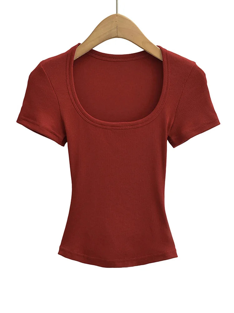 Summer square neck high elasticity crop top women's short sleeved sexy top slim fit pullover base shirt