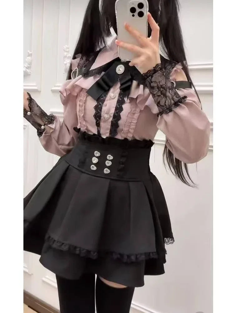 Japanese Gothic Lolita Dress Set Women Harajuku Y2k Bow Lace Ruffles Collar Mini Dresses Female Elegant Party Cute Dress