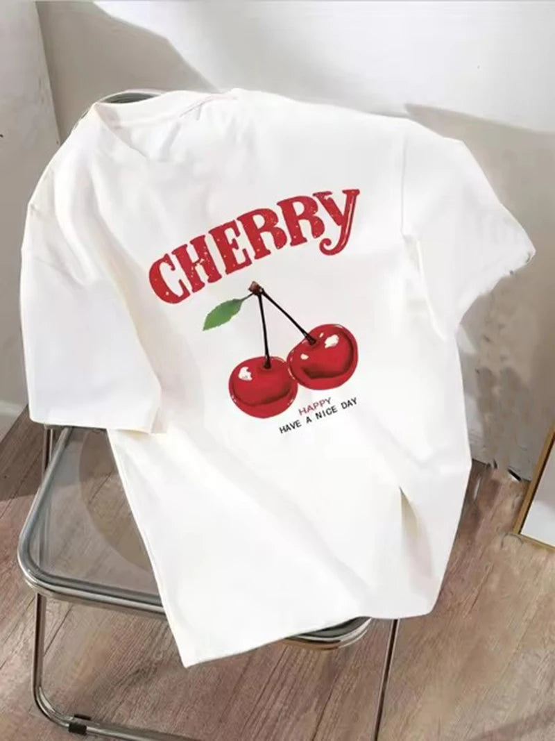 Summer Women Fashion Cherry T-Shirt Cherry Print O-Neck Tops Tees Floral Graphic Short Sleeve Clothing Female Casual Streetwear