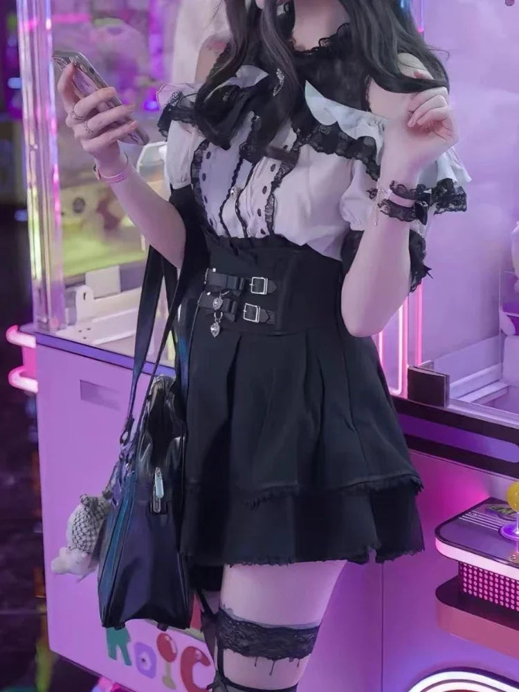 Japanese Gothic Lolita Dress Set Women Harajuku Y2k Bow Lace Ruffles Collar Mini Dresses Female Elegant Party Cute Dress