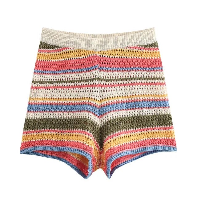 2025 Autumn European And American New Women's Fashion Casual Stripe Printed Short Sleeve Flip Collar Cardigan Casual Shorts Set