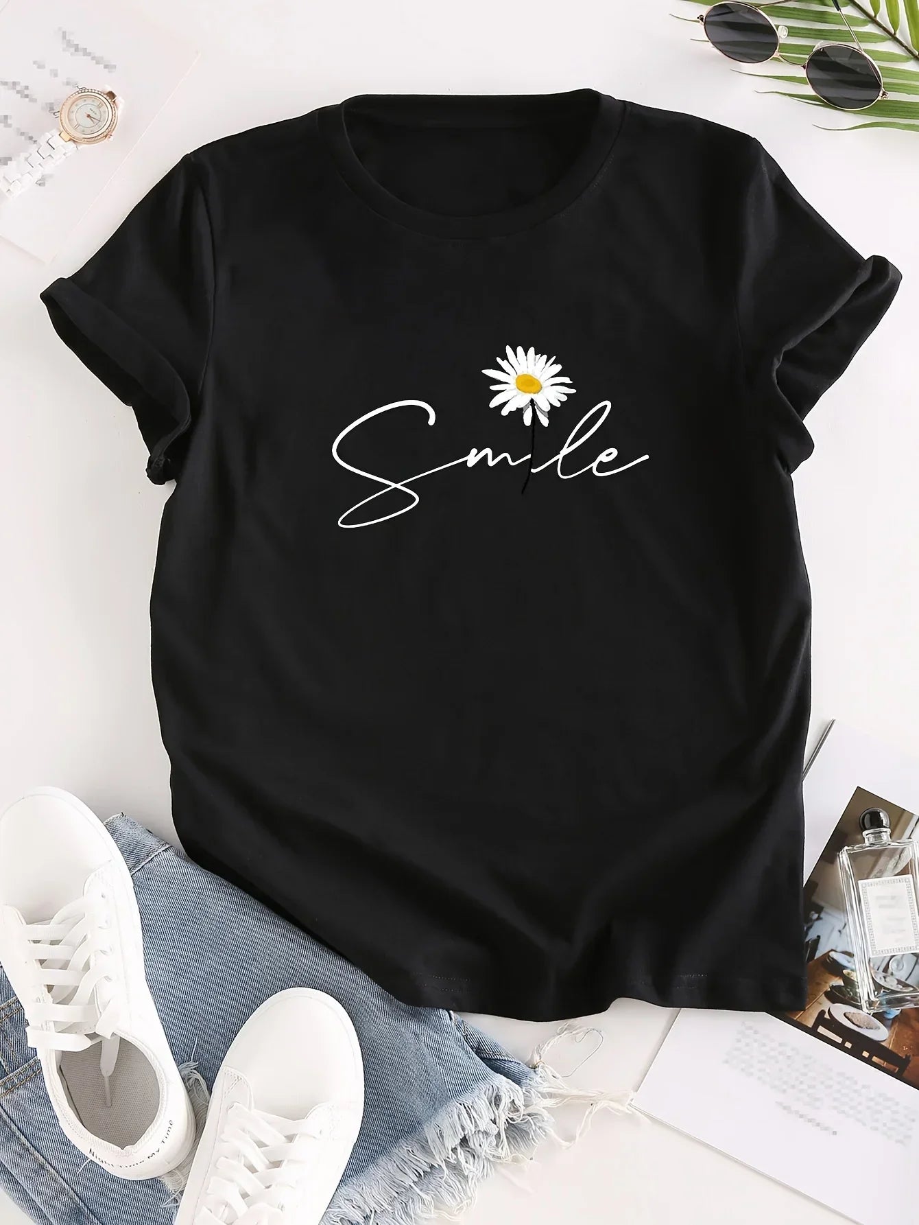 Flower & Letter Print Crew Neck T-Shirt Casual Short Sleeve T-Shirt for Summer Women's Clothing Comfortable Soft Creative Tops