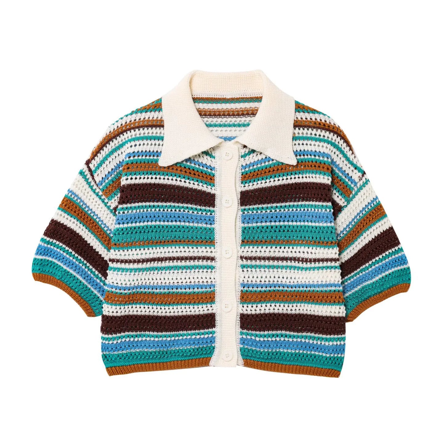 2025 Autumn European And American New Women's Fashion Casual Stripe Printed Short Sleeve Flip Collar Cardigan Casual Shorts Set