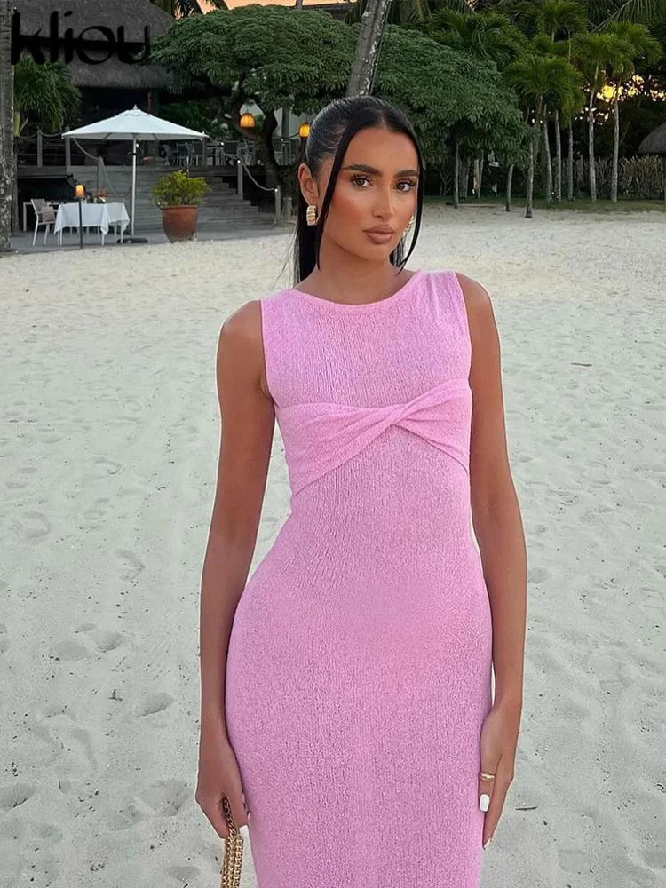 kliou summer release Junior Casual Knitting Midi Dress W24D48907 Women Pink Sweet Tanks Slim Softy Vestidos Solid Elegant Robe