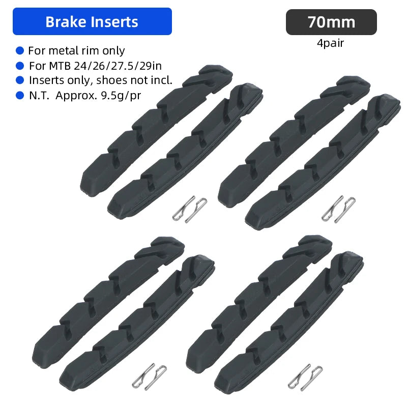 Deemount Quality V-Brake Pads MTB Mountain Bicycle 72mm Caliper Brake Alum. Shoes for Linear Pull Brakes All Weathers Low Noise
