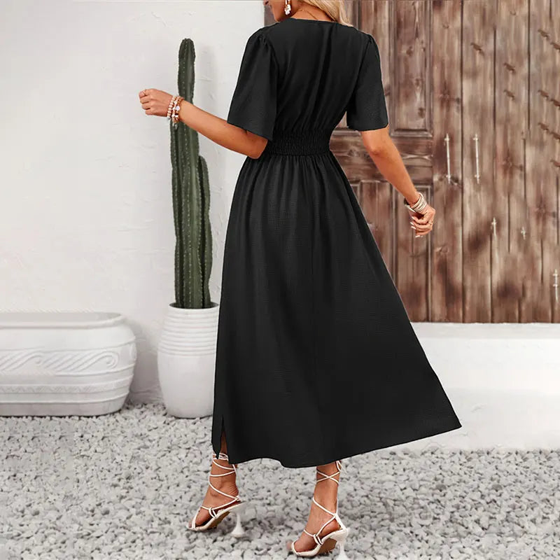 Women Ruffle Solid Pleated Long Dress Chic V Neck Short Sleeved Black Blue Lace Up Robes Summer Lady High Street Wear Holiday