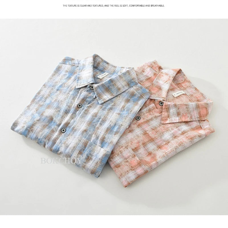 2025 Summer New 100% Cotton Casual Plaid Short Sleeve Shirt for Men Loose Turn-down Collar Shirt CM8265